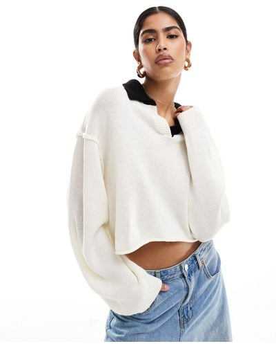 ASOS Knitted Crop Rugby Shirt Jumper - White