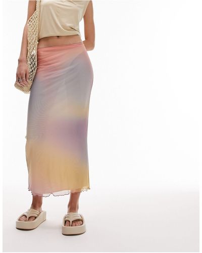 Topshop Unique Mesh Pastel Blurred Printed Picot Trim Midi Skirt - Multicolor