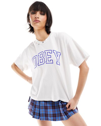 Obey T-shirt squadrata bianca stile college - Bianco