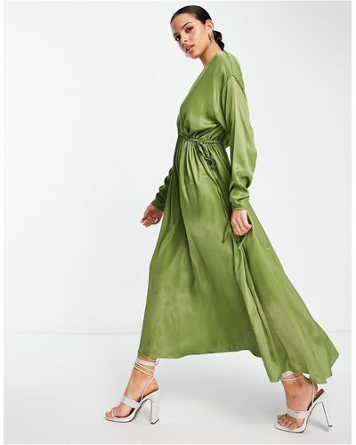 ASOS Oversized Midi-jurk Van Satijn Met V-hals En Trekkoord - Groen