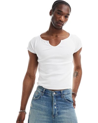 Reclaimed (vintage) Short Sleeve Rib Notch Neck T-shirt - White
