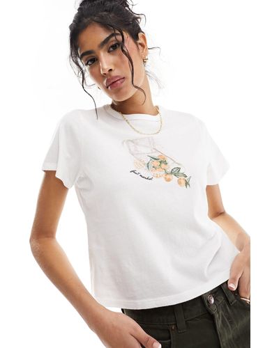 Abercrombie & Fitch T-shirt effet rétréci avec imprimé oranges centré - Blanc