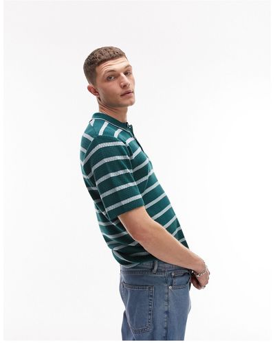TOPMAN Knitted Button Polo With Stripe - Blue