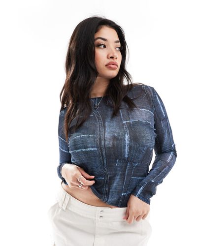 ASOS Asos Design Curve Long Sleeve Mesh Baby Tee With Blue Denim Patchwork Graphic