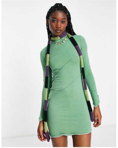 Daisy Street Asymmetric Hem Mini Dress With Contrast Stitch - Green