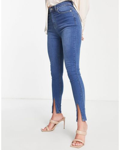 Rebellious Fashion Skinny Jeans Met Splitjes Voor - Blauw