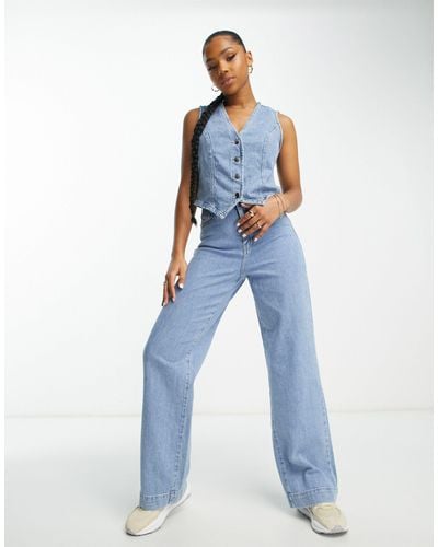 Vero Moda Aware - jean d'ensemble large en double denim - délavé clair - Bleu