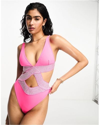 River Island Elastic Wrap Detail Plunge Swimsuit - Pink