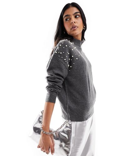 Pieces Pearl Shoulder Detail Sweater - Gray
