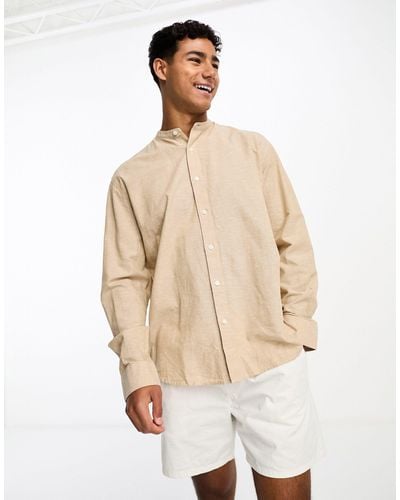 SELECTED Long Sleeve Grandad Collar Linen Shirt - Natural