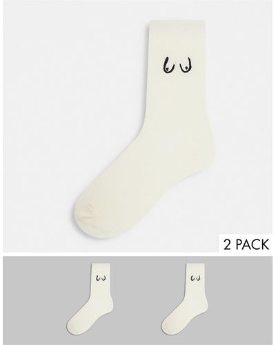 Monki Polly - Set Van 2 Paar Sokken Met Borsten-borduursel Van Biologisch Katoen - Wit