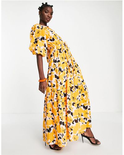 SELECTED Femme - robe babydoll longue à imprimé fleurs - Orange