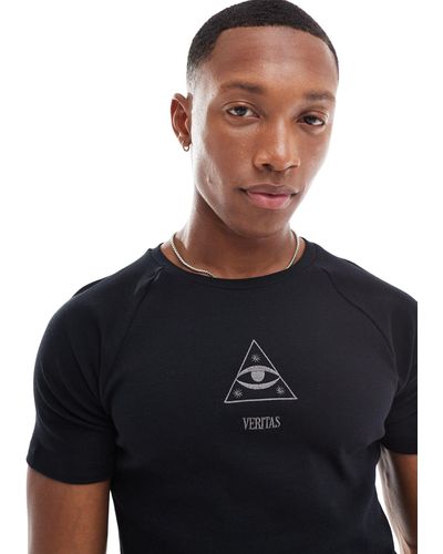 ASOS T-shirt attillata a coste nera con ricamo di stella - Blu