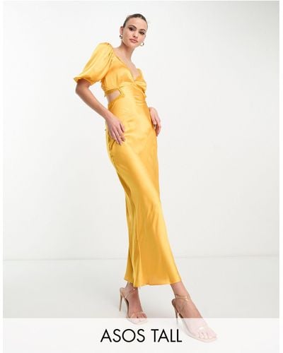 ASOS Asos Design Tall Satin Milkmaid Lace Trim Maxi Dress With Strappy Back - Metallic