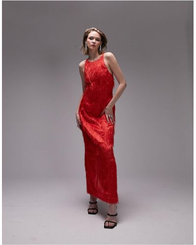 TOPSHOP Fluffy Open Back Maxi Dress - Red