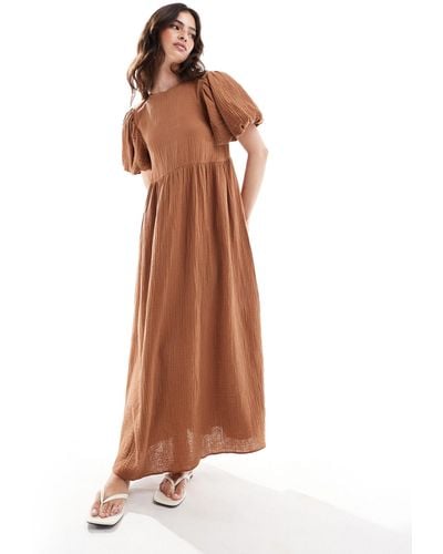 ASOS Double Cloth Midi Smock Dress With Puff Ball Sleeves - Brown