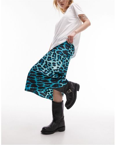 Topshop Unique Jupe longue coupe en biais à imprimé animal - turquoise - Bleu