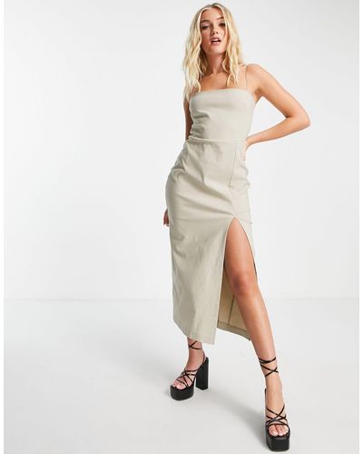Vesper Cami Strap Midi Dress With Thigh Split - Natural