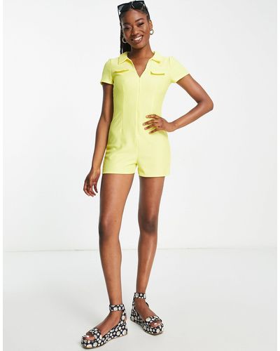 ASOS Collar Zip Front 70s Rib Playsuit - Yellow