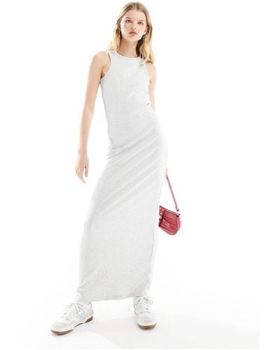 4th & Reckless Premium Ribbed Embroidered Logo Racerneck Maxi Dress - White