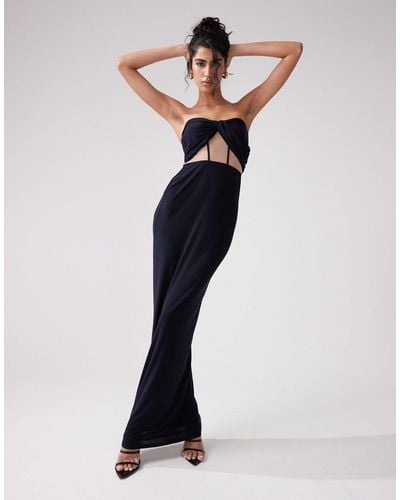 ASOS Drape Twist Front Bandeau With Rouleaux Strapping And Invisible Mesh Maxi Dress - Blue
