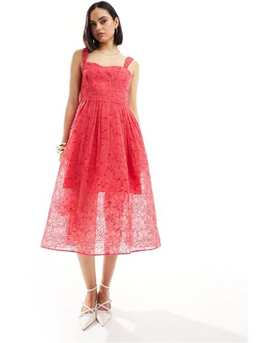 French Connection Embroide Lace Sweetheart Midi Dress - Red