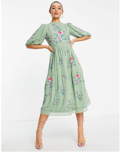 ASOS High Neck Dobby Embroidered Midi Dress With Lace Trims - Green