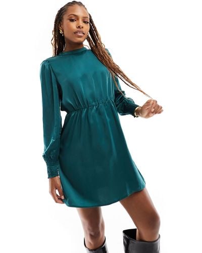 ONLY High Neck Long Sleeve Satin Mini Dress - Blue