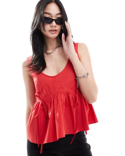Collusion Poplin Smock Top With Tie Detail - Red