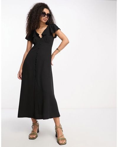 ASOS Flutter Sleeve Midi Tea Dress With Buttons - Black