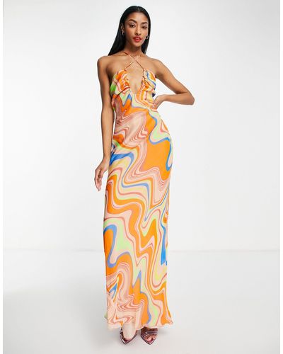 ASOS Strappy Cross Front Maxi Dress With All Over Swirl Print - Multicolor
