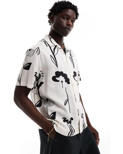 SELECTED Oversized Revere Collar Shirt With Art Print - White