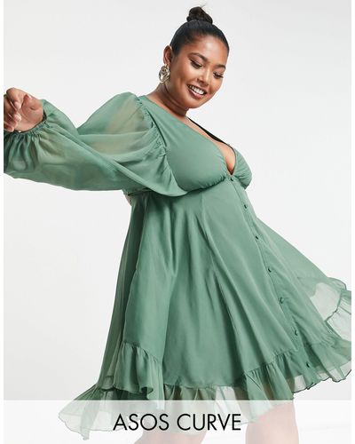 ASOS Asos design curve - robe courte boutonnée à manches blousantes - sauge - Vert