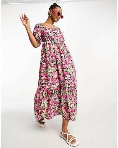 New Look Midi-jurk Met Vierkante Hals, Gesmokte Achterkant En Pofmouwen - Rood