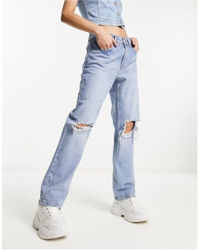 ASOS Loose Straight Jeans With Knee Rips - Blue