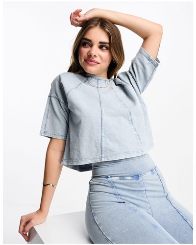 Miss Selfridge T-shirt crop top d'ensemble avec surpiqûres - délavé - Bleu