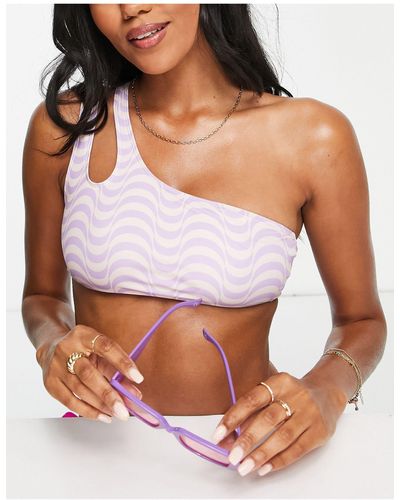 ONLY Top bikini monospalla con cut-out lilla con stampa a onde - Viola
