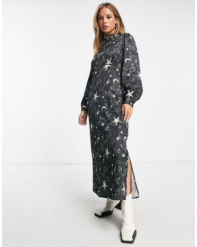 Y.A.S Cosmo - Satijnen Midi-jurk Met Lange Mouwen - Zwart