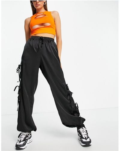 Missguided Satin Cargo Pants With Tie Cuff Detail - Black
