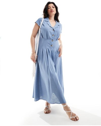 ASOS Asos Design Curve Linen Cap Sleeve Shirt Midi Dress With Pin Tucks - Blue