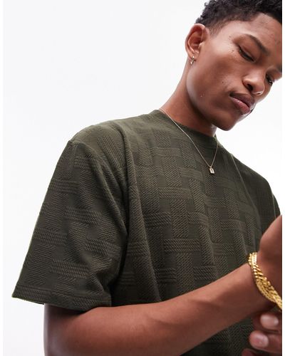 TOPMAN T-shirt oversize à carreaux texturés - kaki - Vert