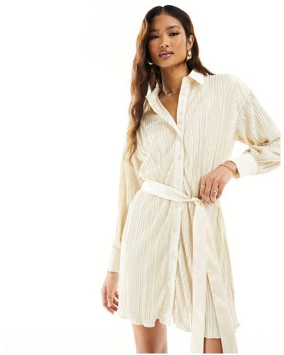 In The Style Belted Plisse Shirt Dress - Natural