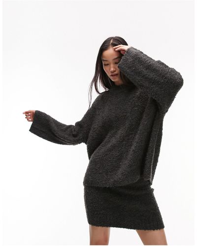 TOPSHOP Knitted Co Ord Textured Boucle Slouchy Crew Neck Sweater - Black