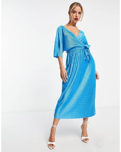 Y.A.S Plisse Wrap Midi Dress - Blue