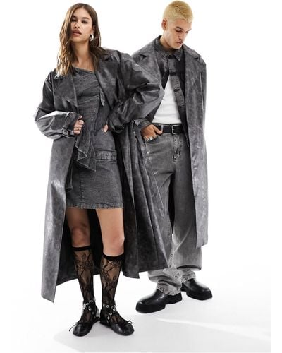 Reclaimed (vintage) Unisex Limited Edition Washed Leather Look Trench Coat With D Ring Detail - Black