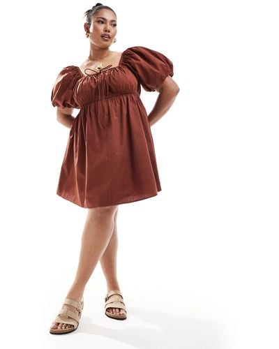 ASOS Asos Design Curve Puffed Sleeve Smock Mini Dress - Red