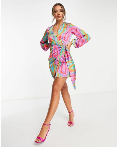Never Fully Dressed Wrap Tie Shirt Mini Dress - Multicolor