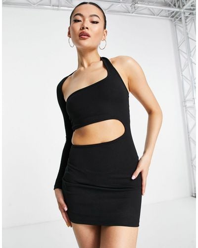 Rebellious Fashion Scuba Crepe Asymmetric Mini Dress With Thumb Hole - Black
