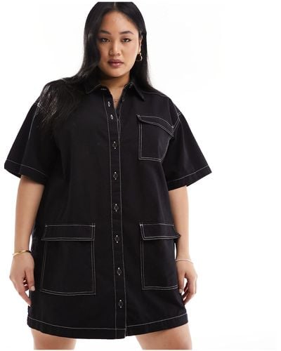 Collusion Plus Twill Mini Pocket Shirt Dress With Contrast Stitch Detail - Black