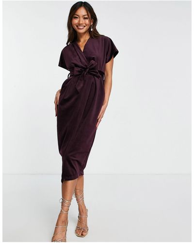Closet Kimono Sleeve Velvet Midi Dress With Wrap Tie - Purple